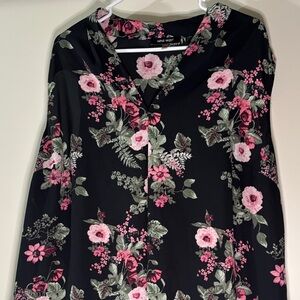Nine West Black Blouse with Pink Floral Design